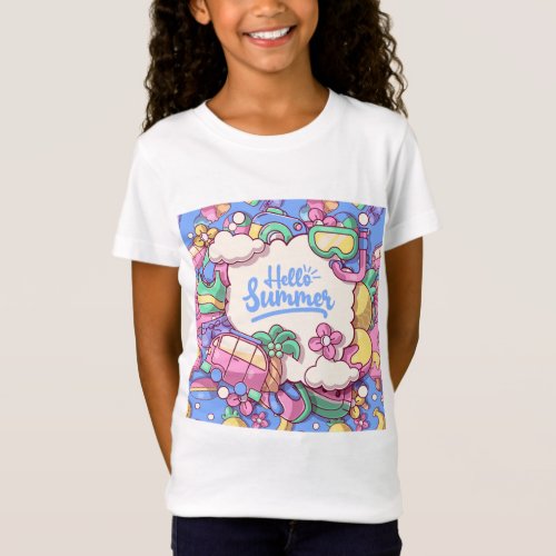 Hello Summer Colorfull Doodle Girls T_Shirts