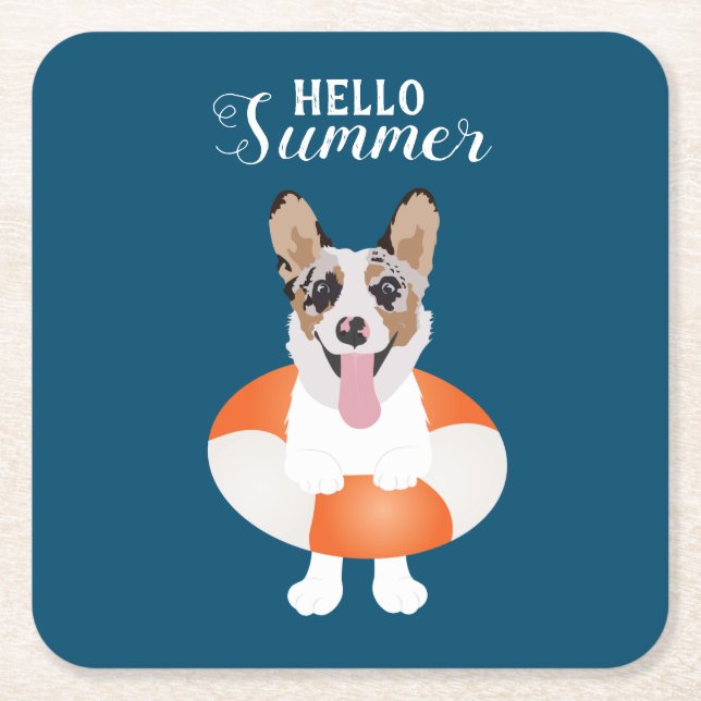 Hello Summer Corgi Beach Dogs Square Paper Coaster (Front)