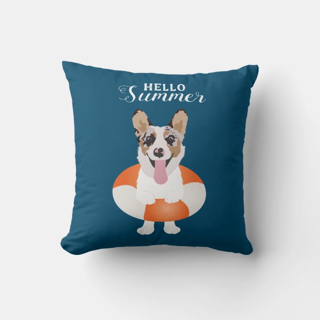 Hello Summer Corgi Beach Dogs Throw Pillow (Front)