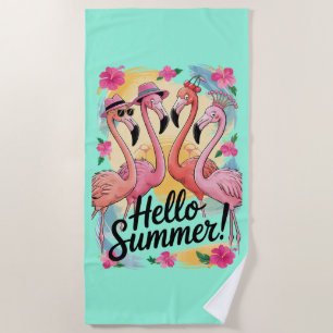 Hello Summer Cute Flamingo Beach Vacation Tropical Beach Towel