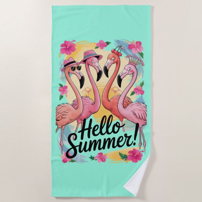 Hello Summer Cute Flamingo Beach Vacation Tropical Beach Towel (Front)