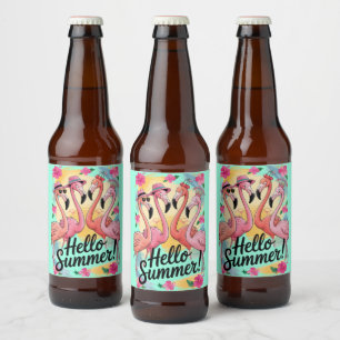 Hello Summer Cute Flamingo Beach Vacation Tropical Beer Bottle Label