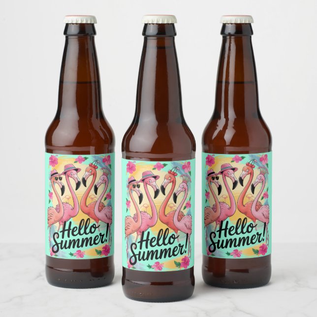 Hello Summer Cute Flamingo Beach Vacation Tropical Beer Bottle Label (Bottles)