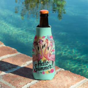 Hello Summer Cute Flamingo Beach Vacation Tropical Bottle Cooler