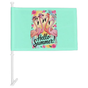 Hello Summer Cute Flamingo Beach Vacation Tropical Car Flag