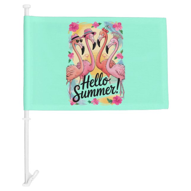 Hello Summer Cute Flamingo Beach Vacation Tropical Car Flag (Front)