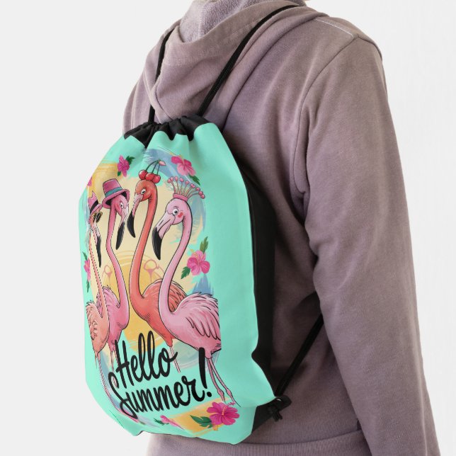 Hello Summer Cute Flamingo Beach Vacation Tropical Drawstring Bag (Insitu)