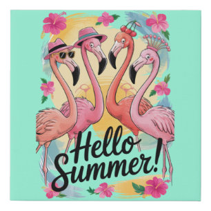 Hello Summer Cute Flamingo Beach Vacation Tropical Faux Canvas Print