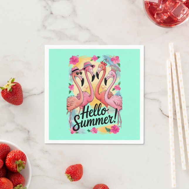 Hello Summer Cute Flamingo Beach Vacation Tropical Napkins (Insitu)