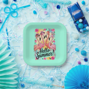 Hello Summer Cute Flamingo Beach Vacation Tropical Paper Plates