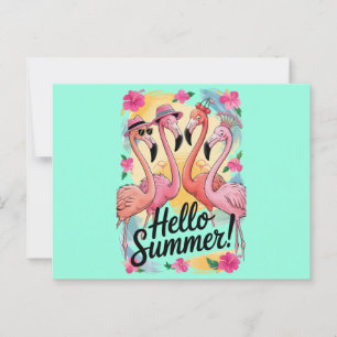 Hello Summer Cute Flamingo Beach Vacation Tropical Postcard