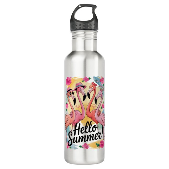 Hello Summer Cute Flamingo Beach Vacation Tropical Stainless Steel Water Bottle (Front)