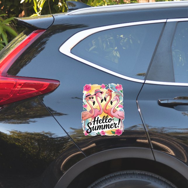 Hello Summer Cute Flamingo Beach Vacation Tropical Sticker (Car Side)
