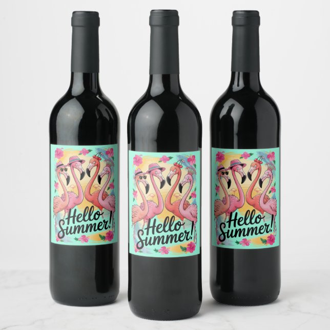 Hello Summer Cute Flamingo Beach Vacation Tropical Wine Label (Bottles)