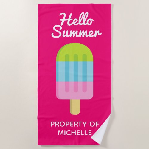Hello summer cute popsicle ice cream pink custom beach towel