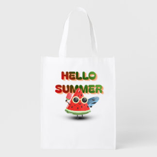 Hello Summer Cute Watermelon Beach Art Grocery Bag