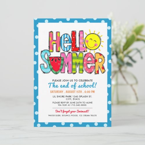 Hello Summer End of School Party Summer Cookout Invitation