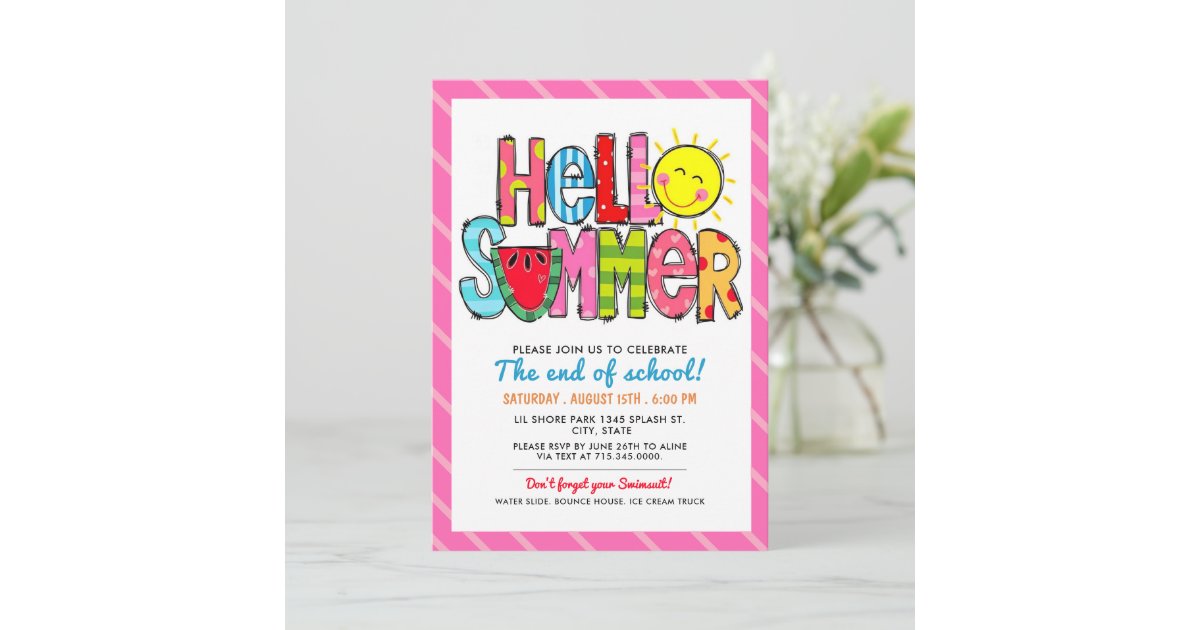 Hello Summer End of School Party Summer Cookout Invitation
