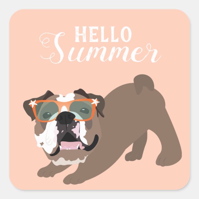 Hello Summer English Bulldog Orange Square Sticker (Front)