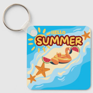 Hello Summer Flamingo Beach Keychain