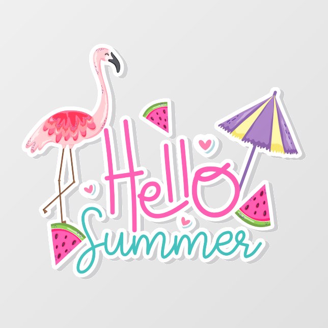 Hello Summer Flamingo Watermelon Umbrella Tropical Wall Decal (Front)