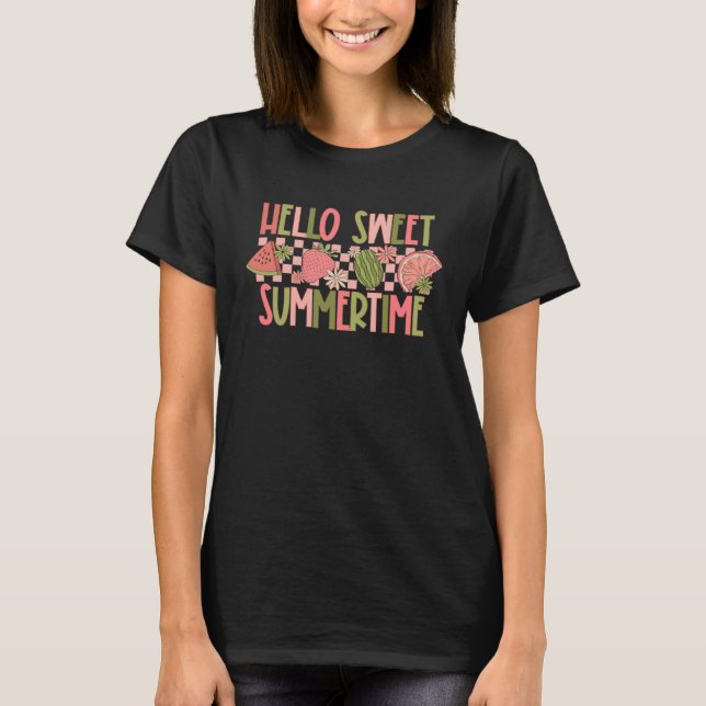 Hello Summer Floral Retro Sweet Fruit Strawberry W T-Shirt (Front)