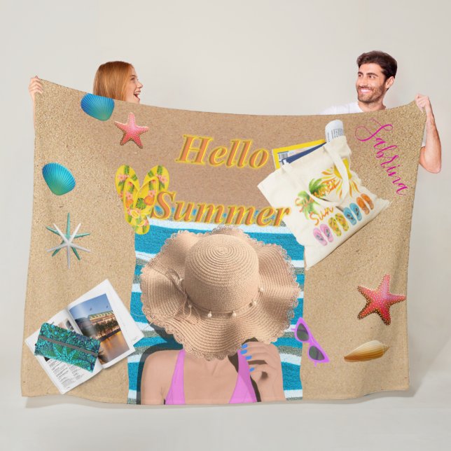 Hello Summer Fun Beach Sea Sand Cover Personalized Fleece Blanket (In Situ)