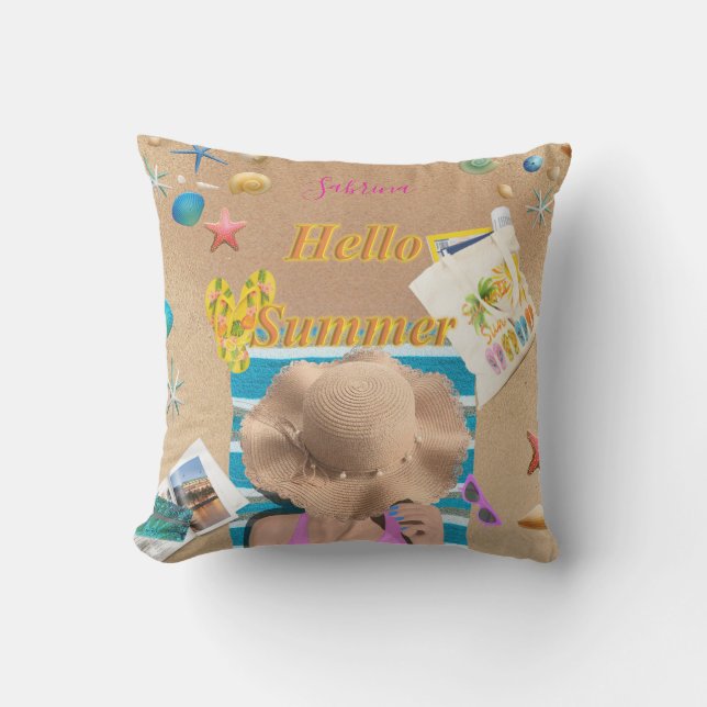 Hello Summer Fun Beach Sea Seashells Personalized Outdoor Pillow (Front)