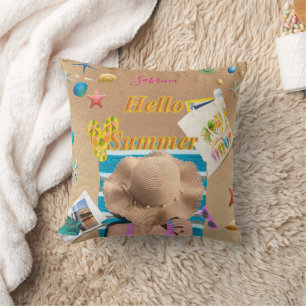 Hello Summer Fun Beach Sea Seashells Personalized Throw Pillow