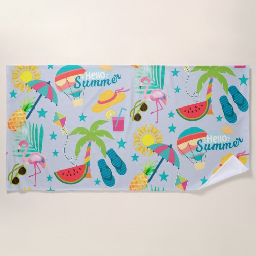 Hello Summer Fun Pattern Beach Towel
