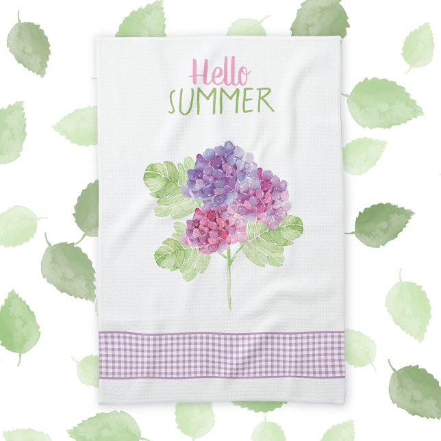 Hello Summer Hydrangea Gingham Kitchen Towel (Creator Uploaded)