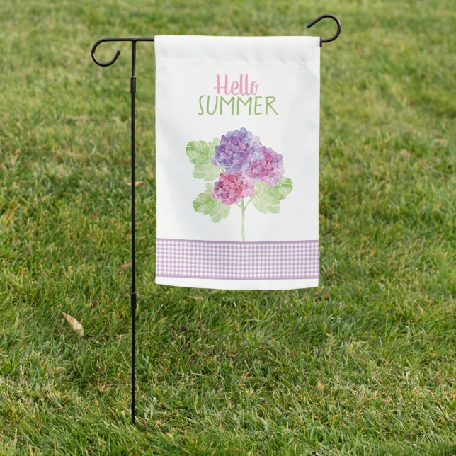 Hello Summer Hydrangeas Gingham Garden Flag (In SItu)
