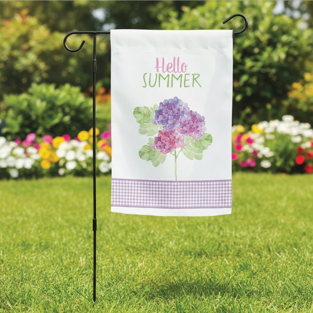 Hello Summer Hydrangeas Gingham Garden Flag (Creator Uploaded)
