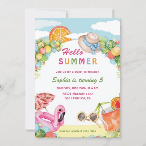 Hello Summer Kids Birthday  Invitation