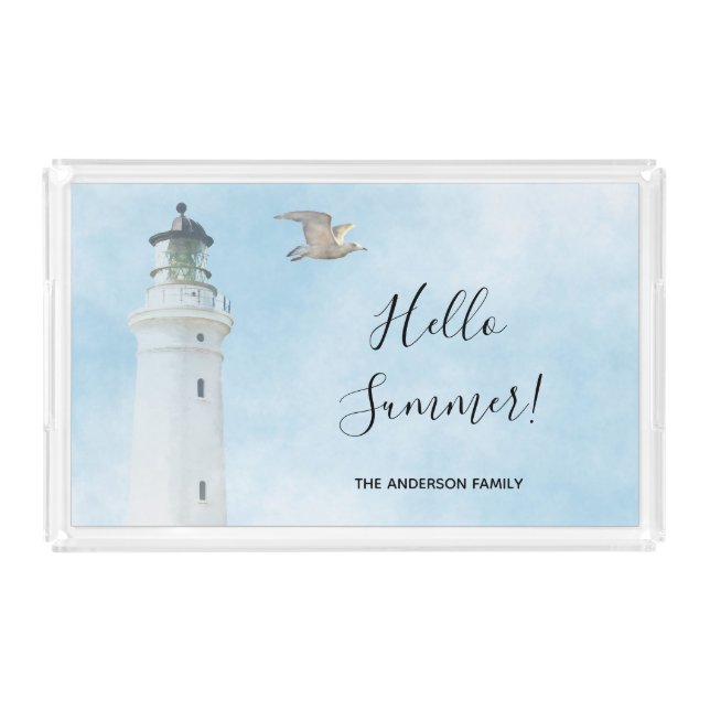 Hello Summer lighthouse nautical ocean sea Acrylic Tray (Front)