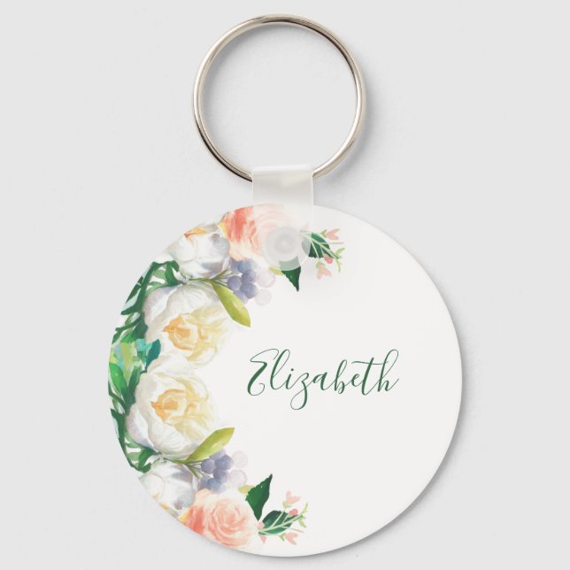 Hello Summer lush florals white coral peach garden Keychain (Front)