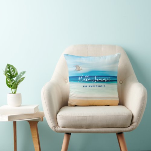 Hello Summer nautical beach sea tropical Throw Pillow