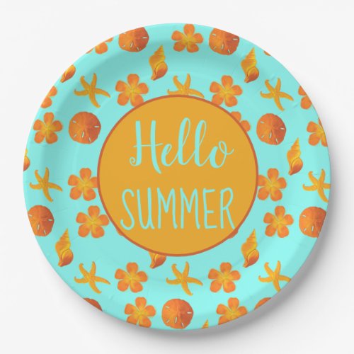 Hello Summer Orange Seashell Pattern Paper Plates