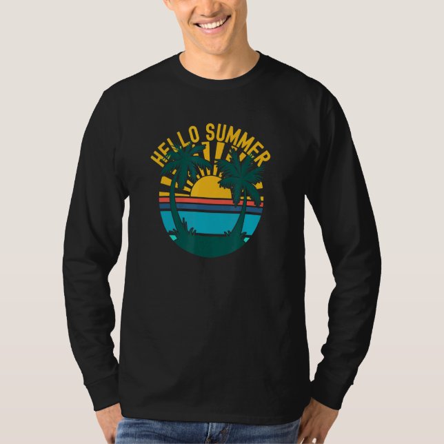 Hello Summer Palm Trees Vacation Beach Sunrays Ret T-Shirt (Front)