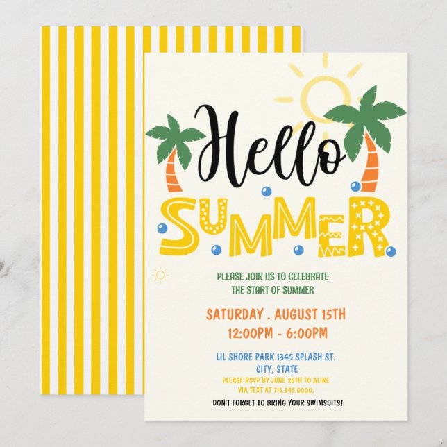 Hello Summer Party, Last Day of School, pool party Invitation (Front/Back)