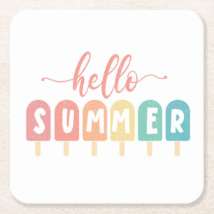 Hello Summer Pastel Popsicles Square Paper Coaster