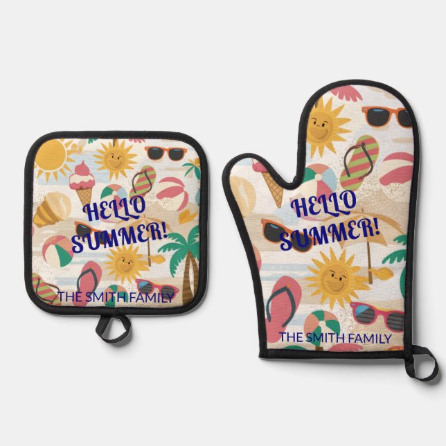 Hello Summer Personalized Gift Oven Mitt & Pot Holder Set (Front)