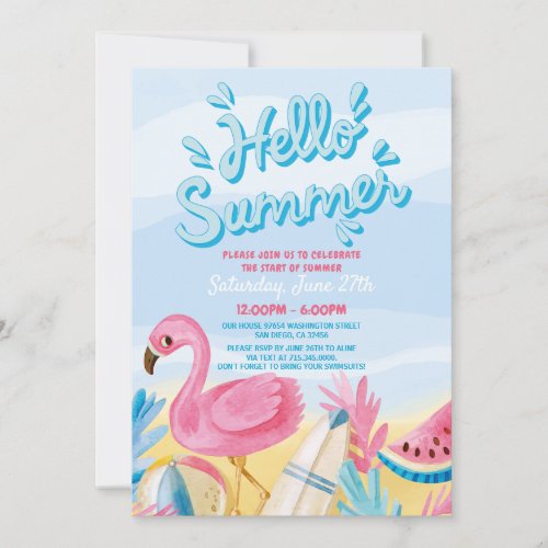 Hello Summer pink flamingo birthday pool party  Invitation