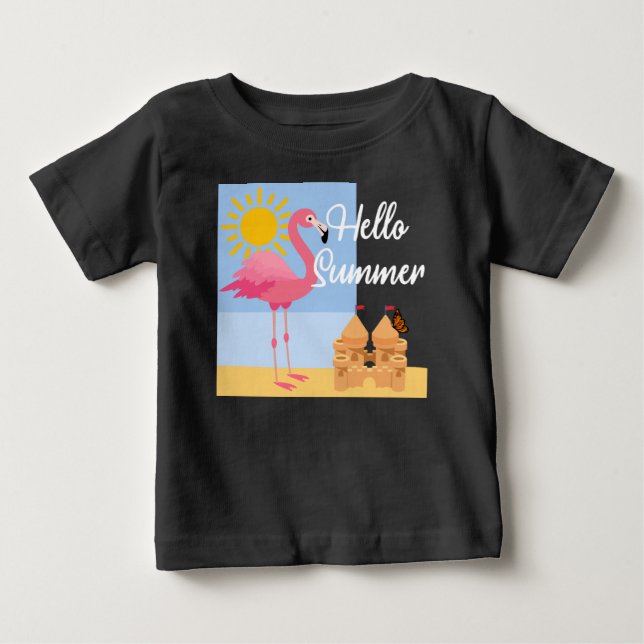 Hello Summer Pink Flamingo Design - Baby Fine Jers Baby T-Shirt (Front)