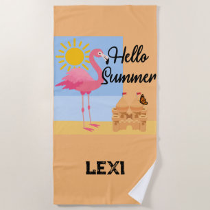 Hello Summer Pink Flamingo Design - Beach Towel