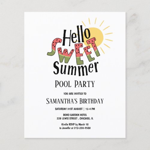 Hello Summer Pool Party Bday Budget Invitation