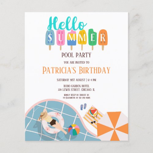 Hello Summer Pool Party Bday Budget Invitation