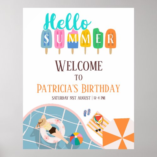 Hello Summer Pool Party Birthday Welcome Sign