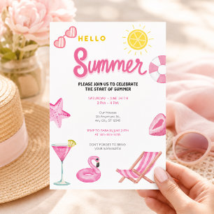 Hello Summer Pool Party Pink Beach Fun Invitation