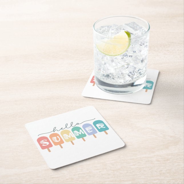 Hello Summer Popsicle Colorful Square Paper Coaster (Insitu)